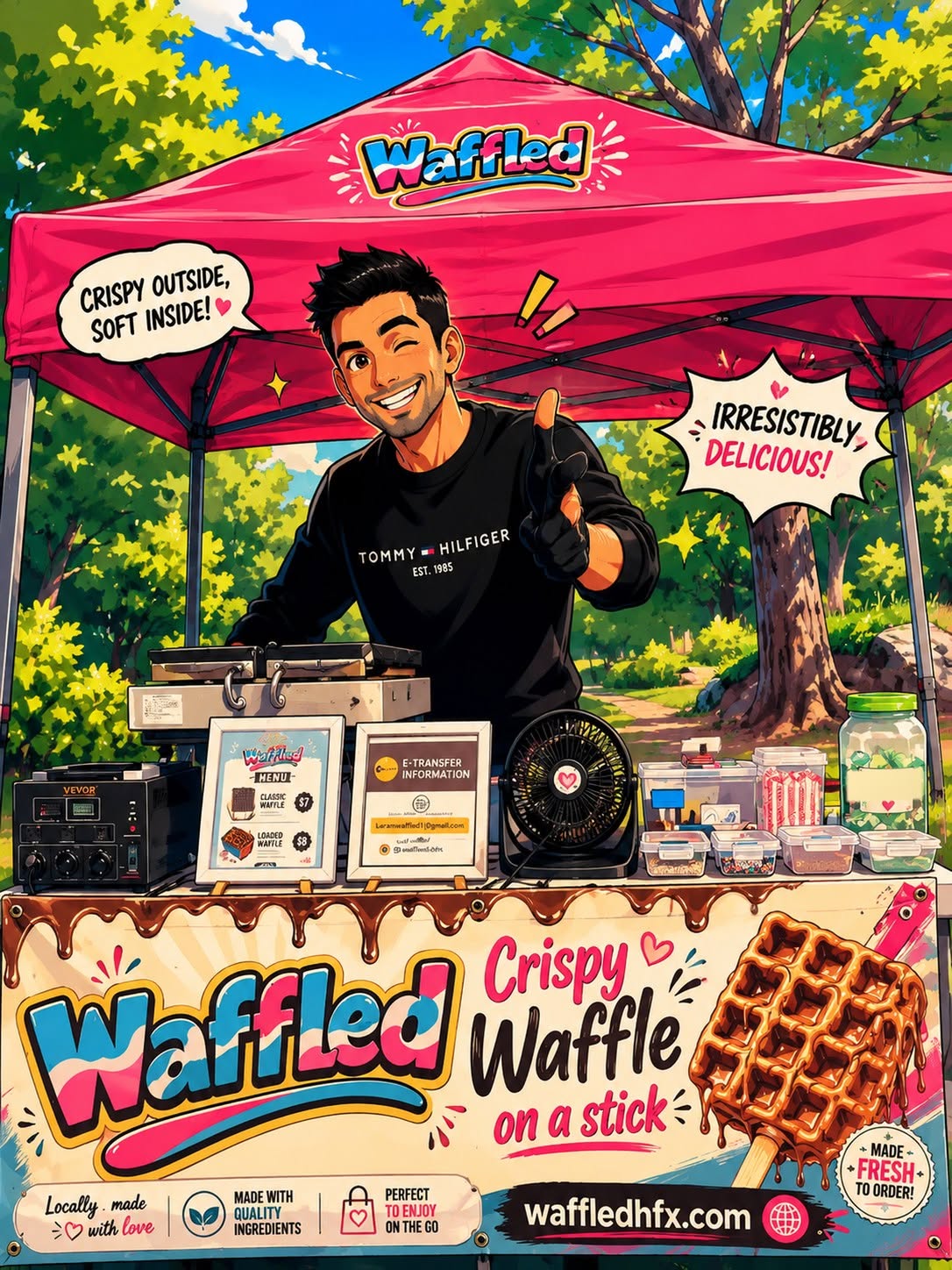 The Waffled stand — pink Waffled tent at the market, waffle iron going, banner reading Crispy Waffle on a Stick