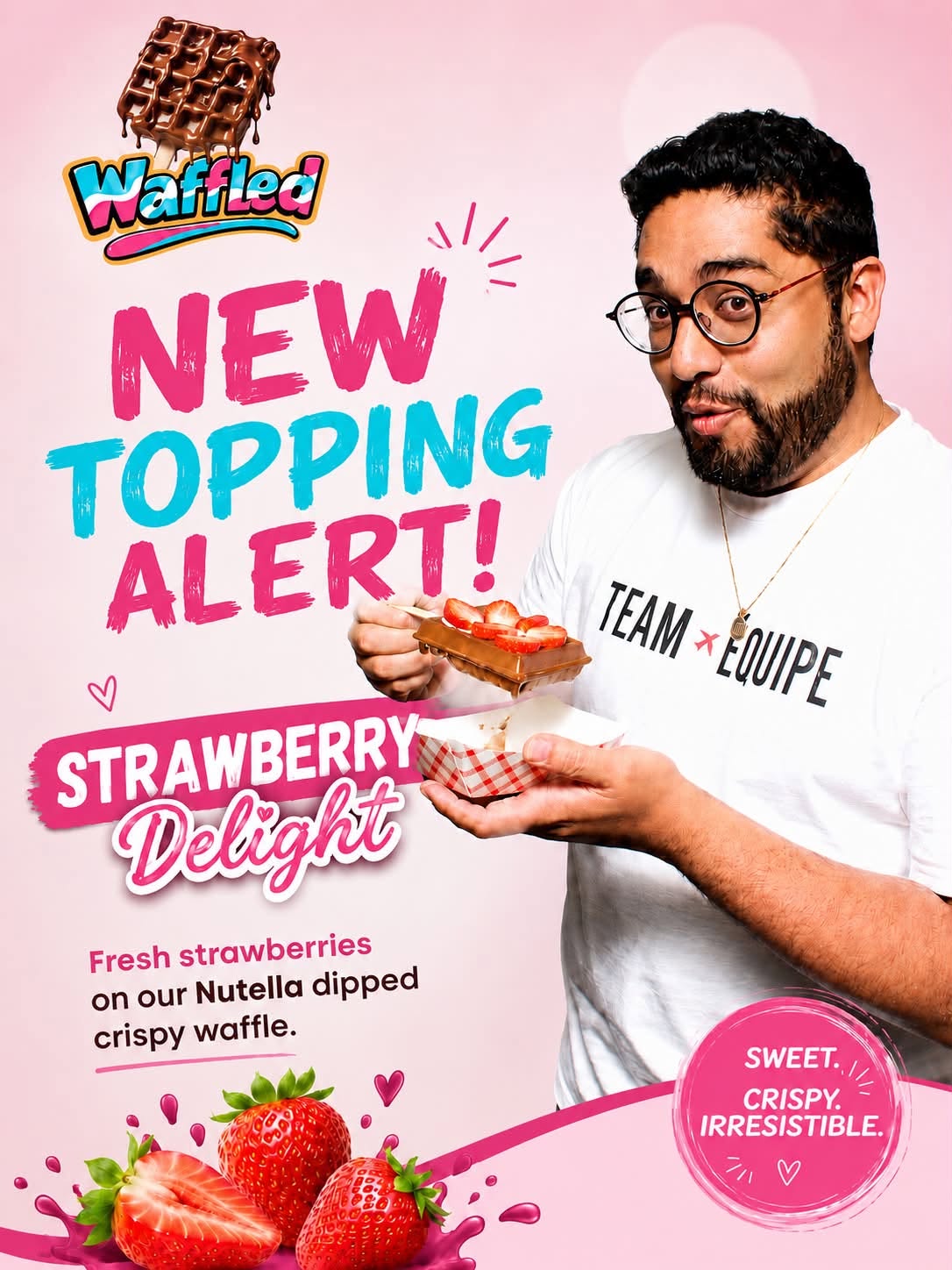 The Strawberry Delight — Belgian waffle on a stick dipped in Nutella, topped with fresh strawberries